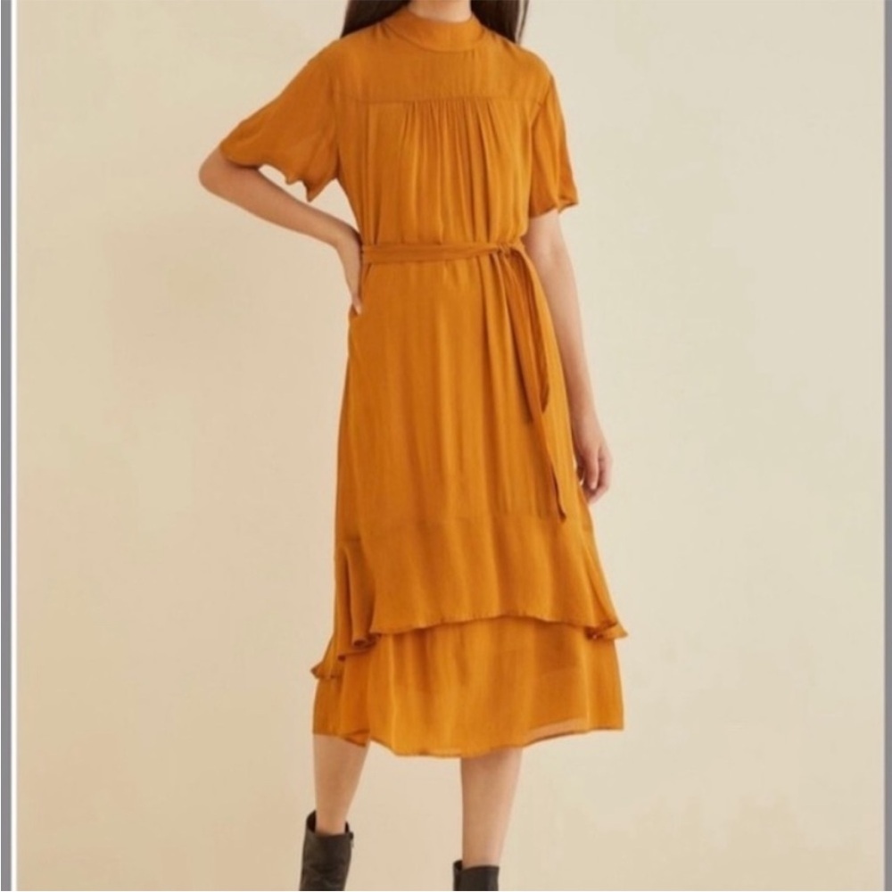 AMOUR VERT onie midi dress marigold flutter sleeve mockneck made in usa size M - Picture 2 of 16